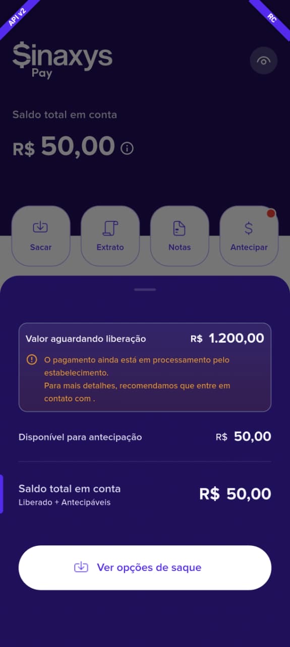 App Sinaxys: antecipação e opções de saque