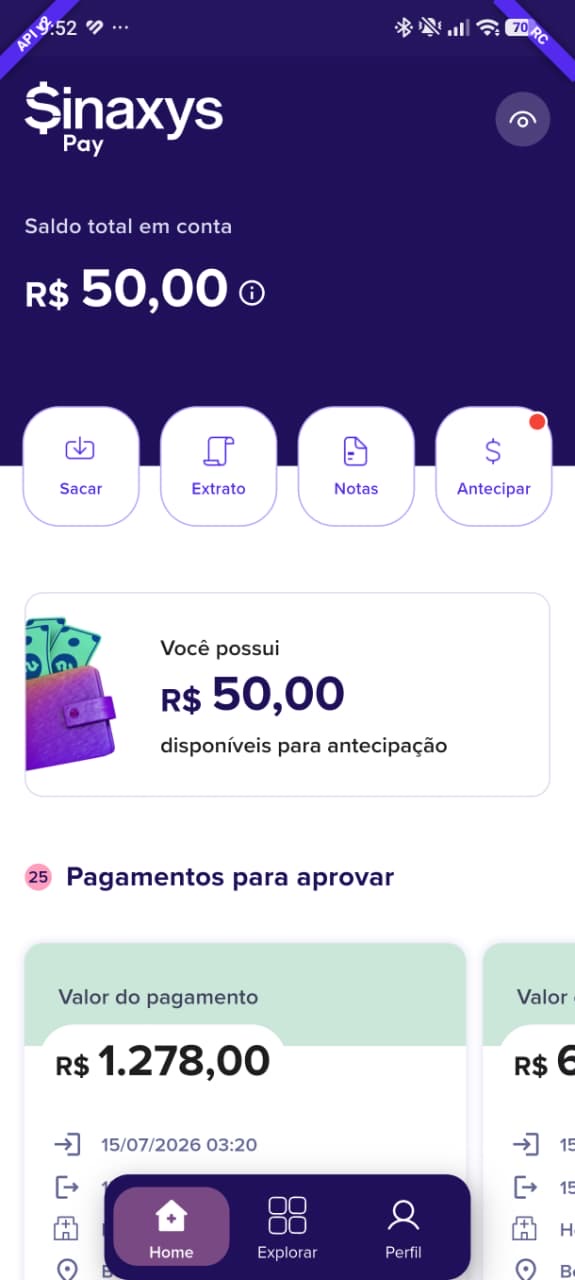 App Sinaxys: saldo, pagamentos e atalhos da conta