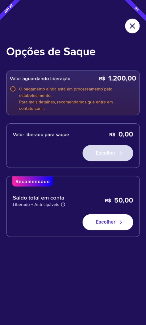 App Sinaxys: opções de saque