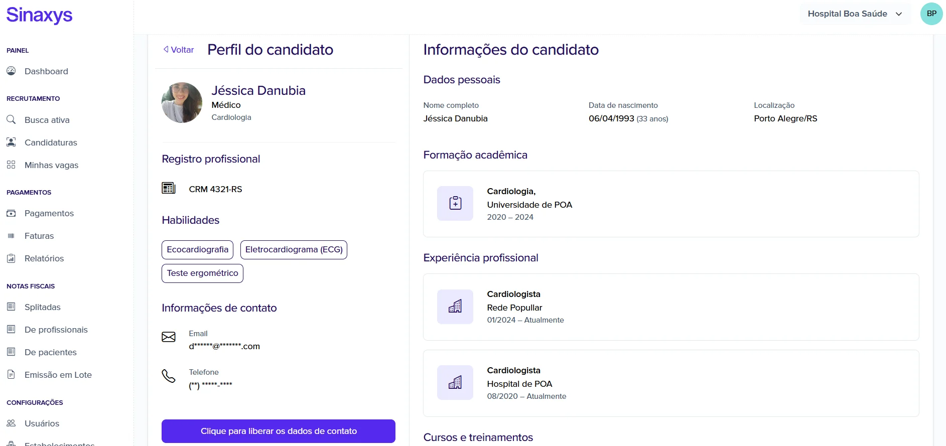 Perfil completo do candidato com registro profissional, habilidades, formação e experiência.